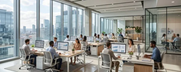 Bureau moderne d'une direction financière avec écrans affichant des tableaux de bord, espace de travail épuré baigné de lumière naturelle