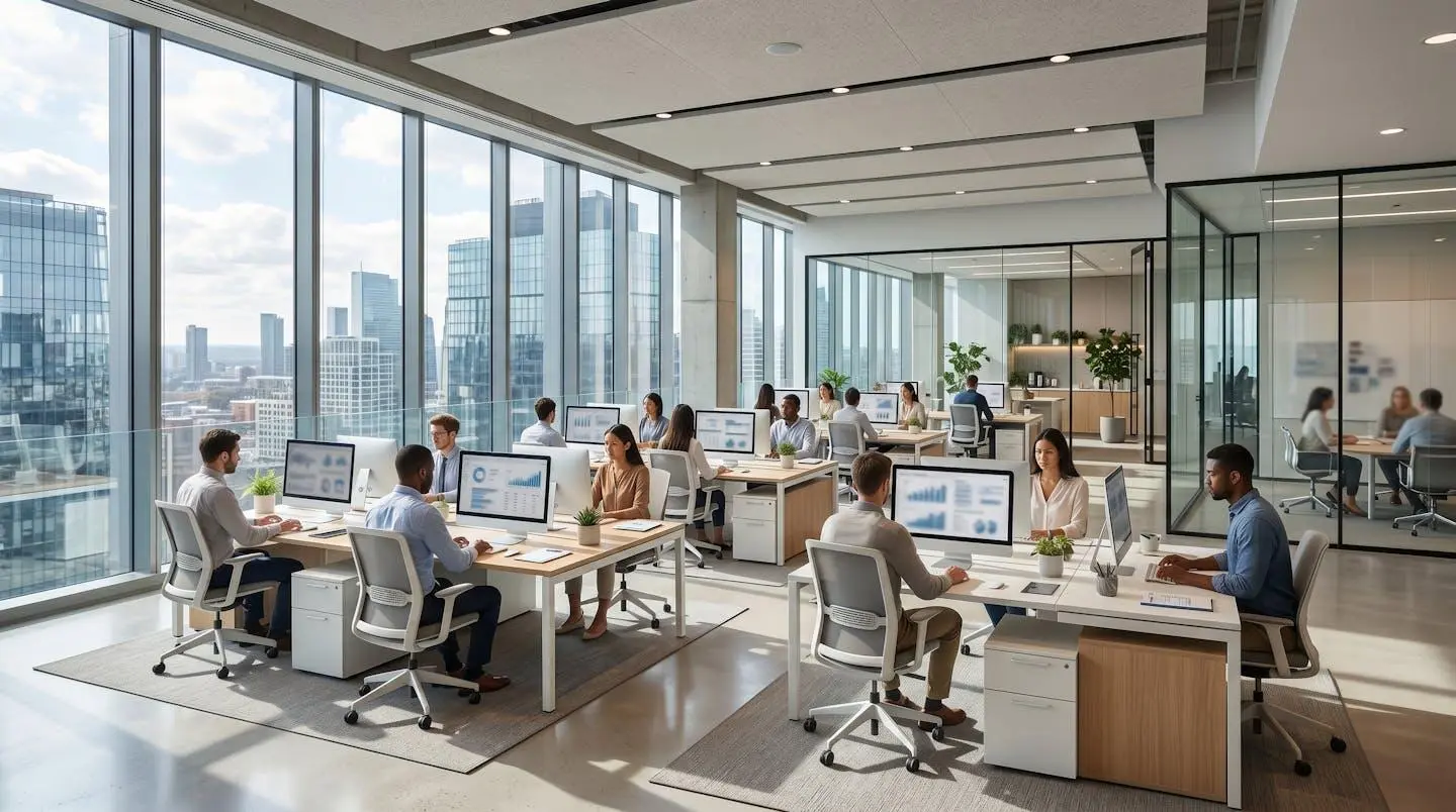 Bureau moderne d'une direction financière avec écrans affichant des tableaux de bord, espace de travail épuré baigné de lumière naturelle