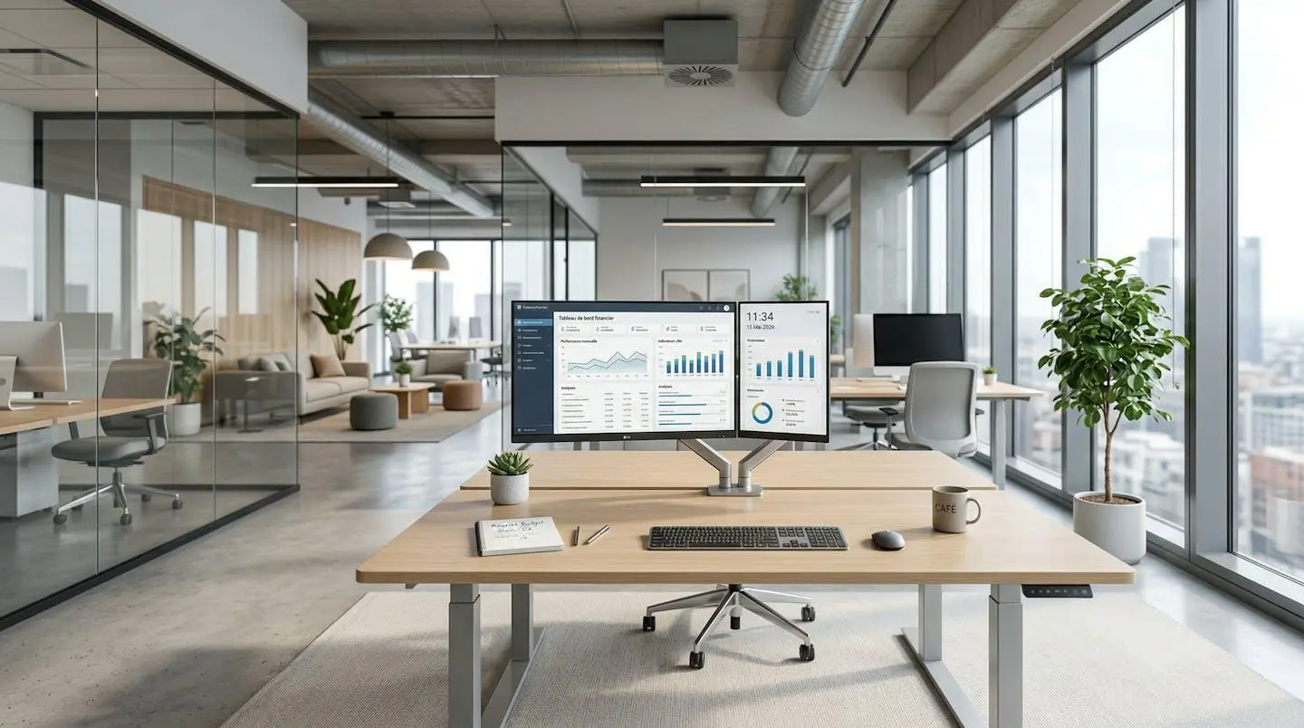 Bureau contemporain avec deux écrans affichant un tableau de bord financier dans un espace de travail lumineux et organisé