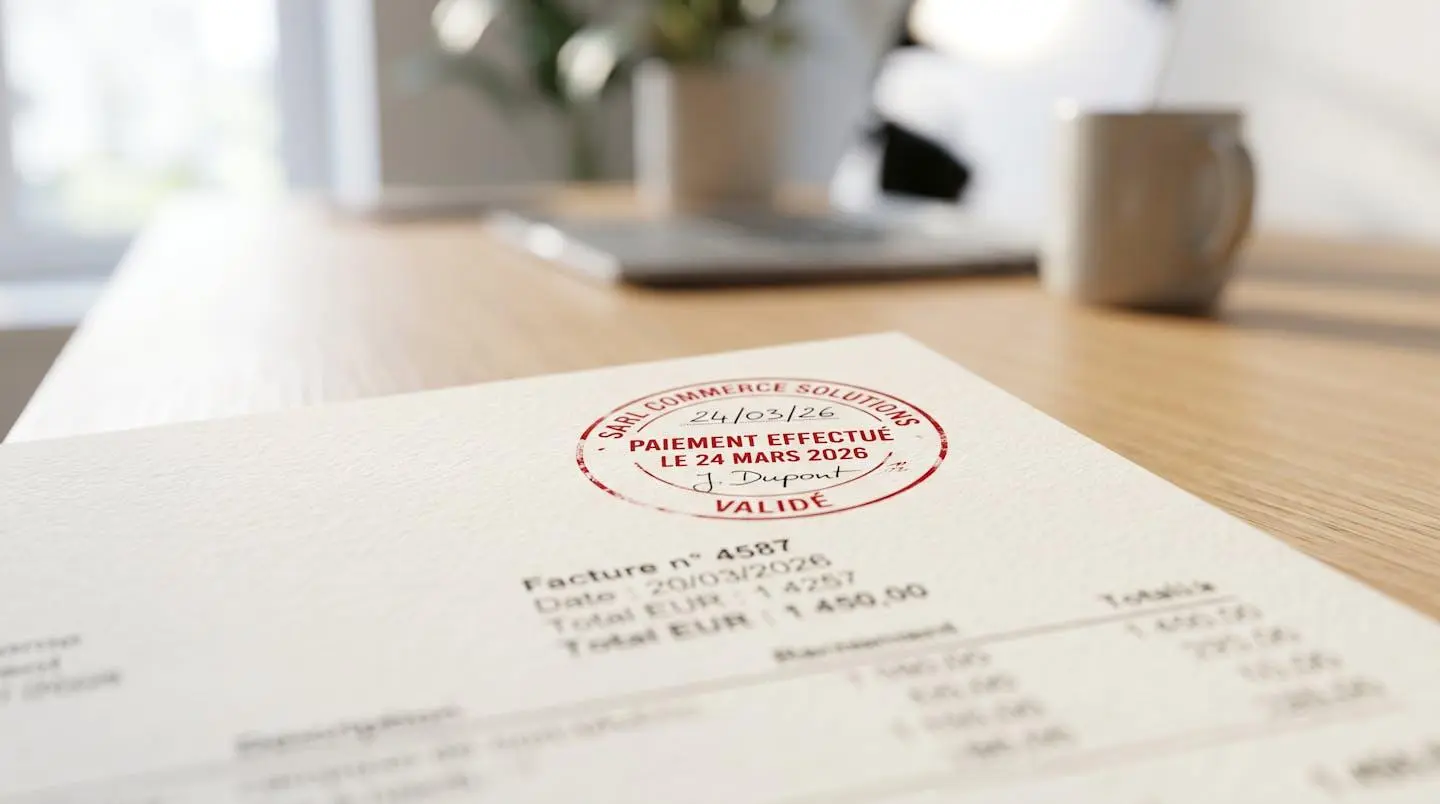 Gros plan sur une facture avec tampon en attente de paiement posée sur un bureau contemporain, lumière naturelle latérale
