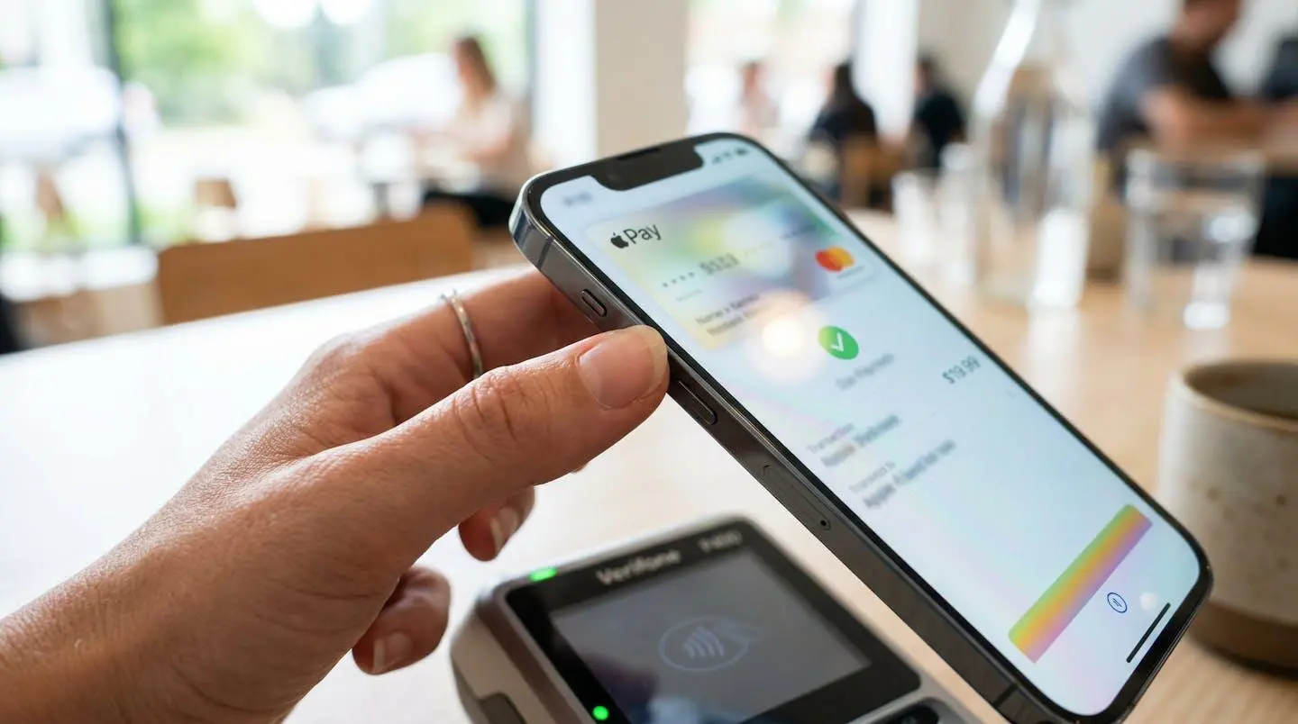 Gros plan d'une main tenant un smartphone avec une notification de paiement à l'écran flouté sur une surface moderne et épurée