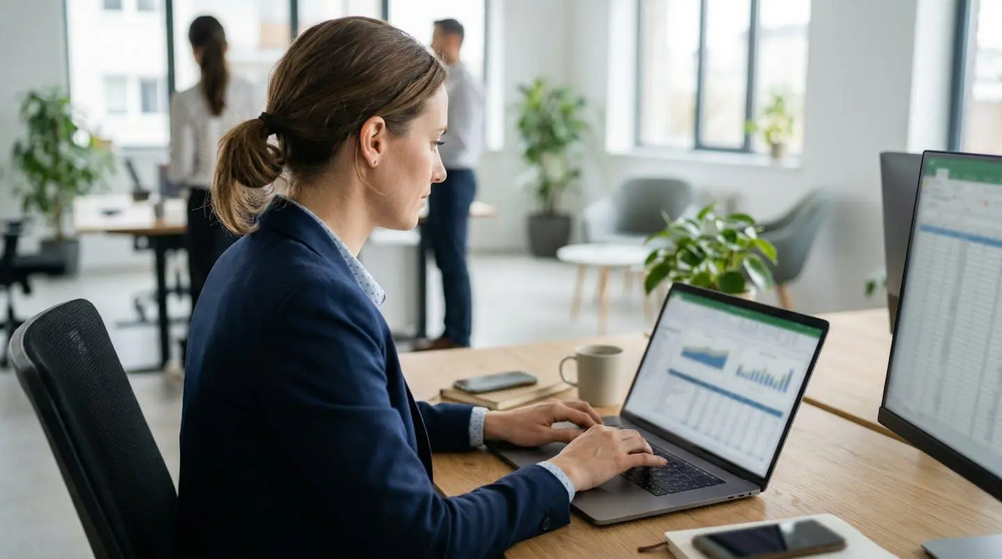 Femme professionnelle travaillant sur un ordinateur portable dans un bureau contemporain lumineux, vue par-dessus l'épaule