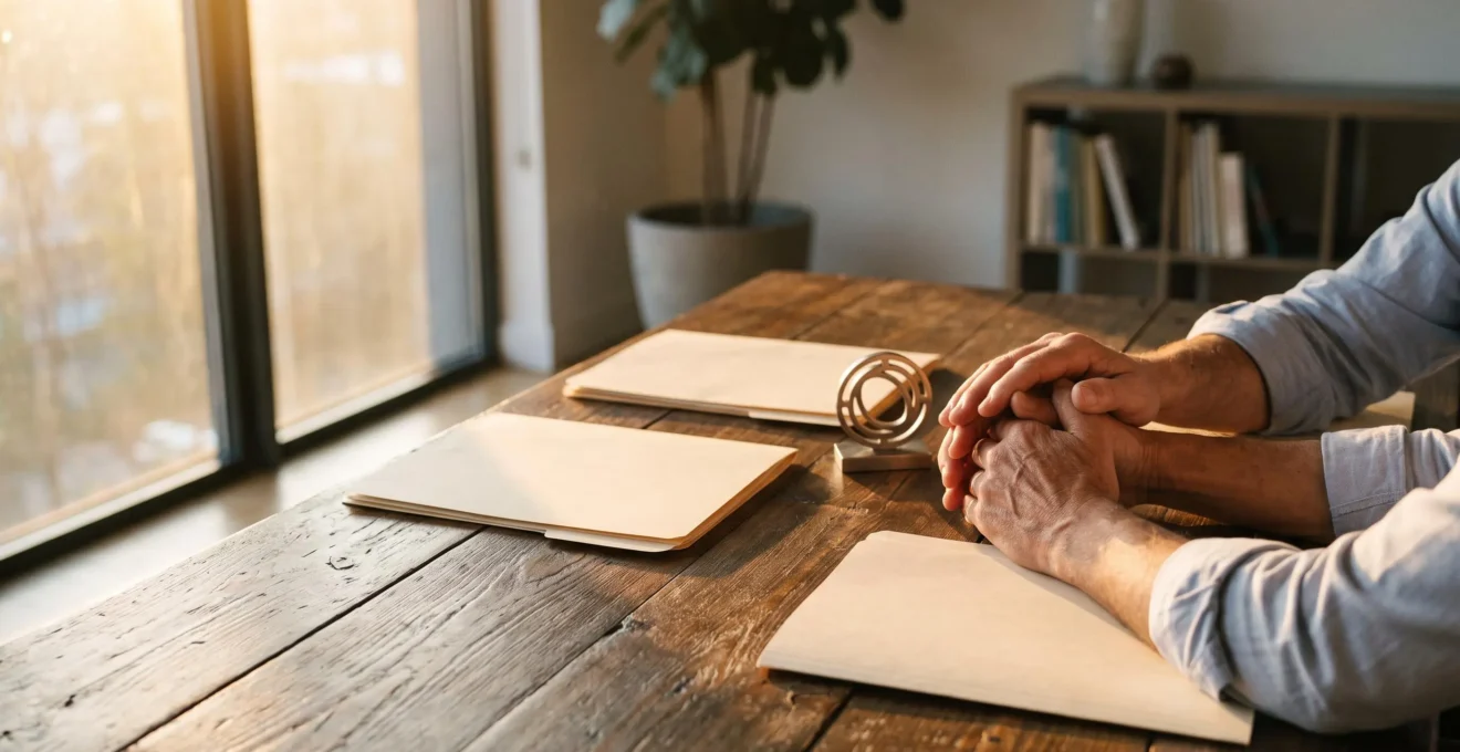 Trois mains posant simultanément sur une table en bois autour de documents fermes, symbolisant l'accord entre associes fondateurs d'une entreprise