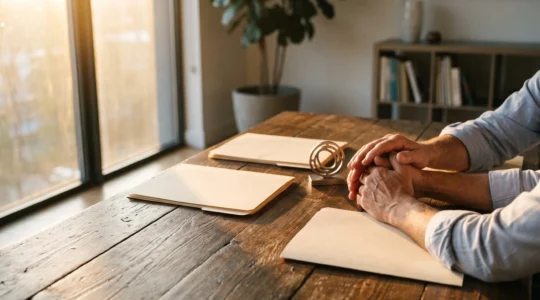 Trois mains posant simultanément sur une table en bois autour de documents fermes, symbolisant l'accord entre associes fondateurs d'une entreprise