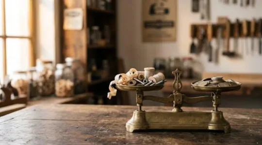 Balance en equilibre precaire entre une pile de pieces et des objets representant les couts caches d'un produit artisanal