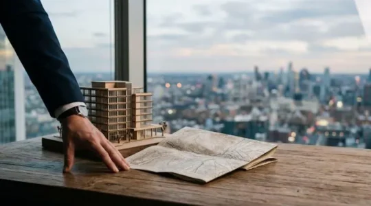 Dirigeant observant une carte urbaine et une maquette de bâtiment symbolisant le choix stratégique d'une adresse de siège social