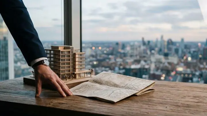 Dirigeant observant une carte urbaine et une maquette de bâtiment symbolisant le choix stratégique d'une adresse de siège social