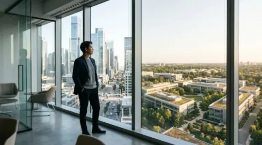 Dirigeant d'entreprise observant à travers une grande baie vitrée deux paysages contrastés symbolisant le choix stratégique de l'emplacement d'un siège social