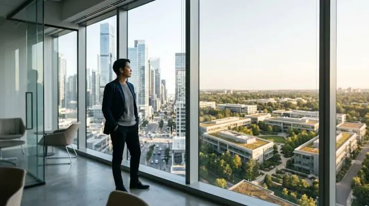Dirigeant d'entreprise observant à travers une grande baie vitrée deux paysages contrastés symbolisant le choix stratégique de l'emplacement d'un siège social