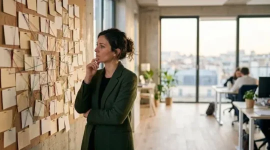 Entrepreneur reflechissant a ses options de financement, symbolisees par plusieurs chemins lumineux convergents