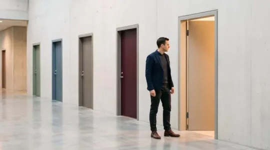Entrepreneur face a plusieurs portes identiques symbolisant le choix d'un reseau de franchise