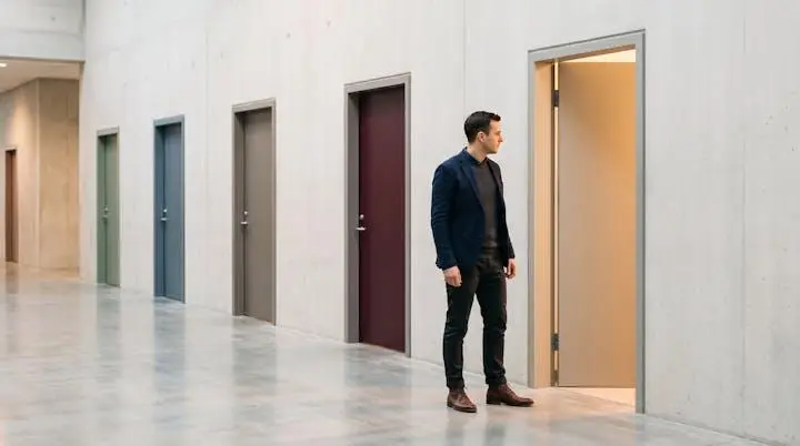 Entrepreneur face a plusieurs portes identiques symbolisant le choix d'un reseau de franchise