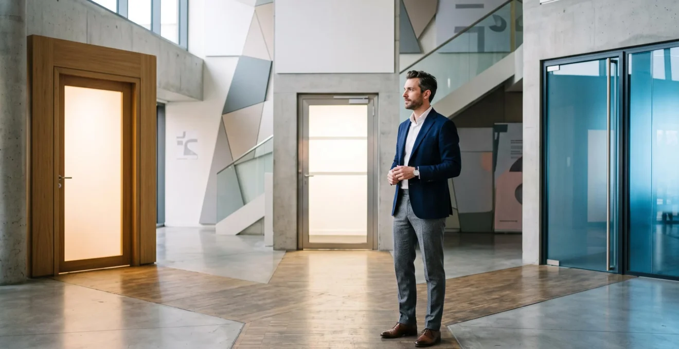 Entrepreneur français à un carrefour symbolique entre trois portes représentant le domicile, le local commercial et la société de domiciliation