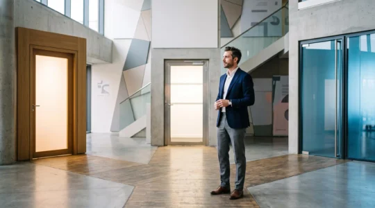 Entrepreneur français à un carrefour symbolique entre trois portes représentant le domicile, le local commercial et la société de domiciliation
