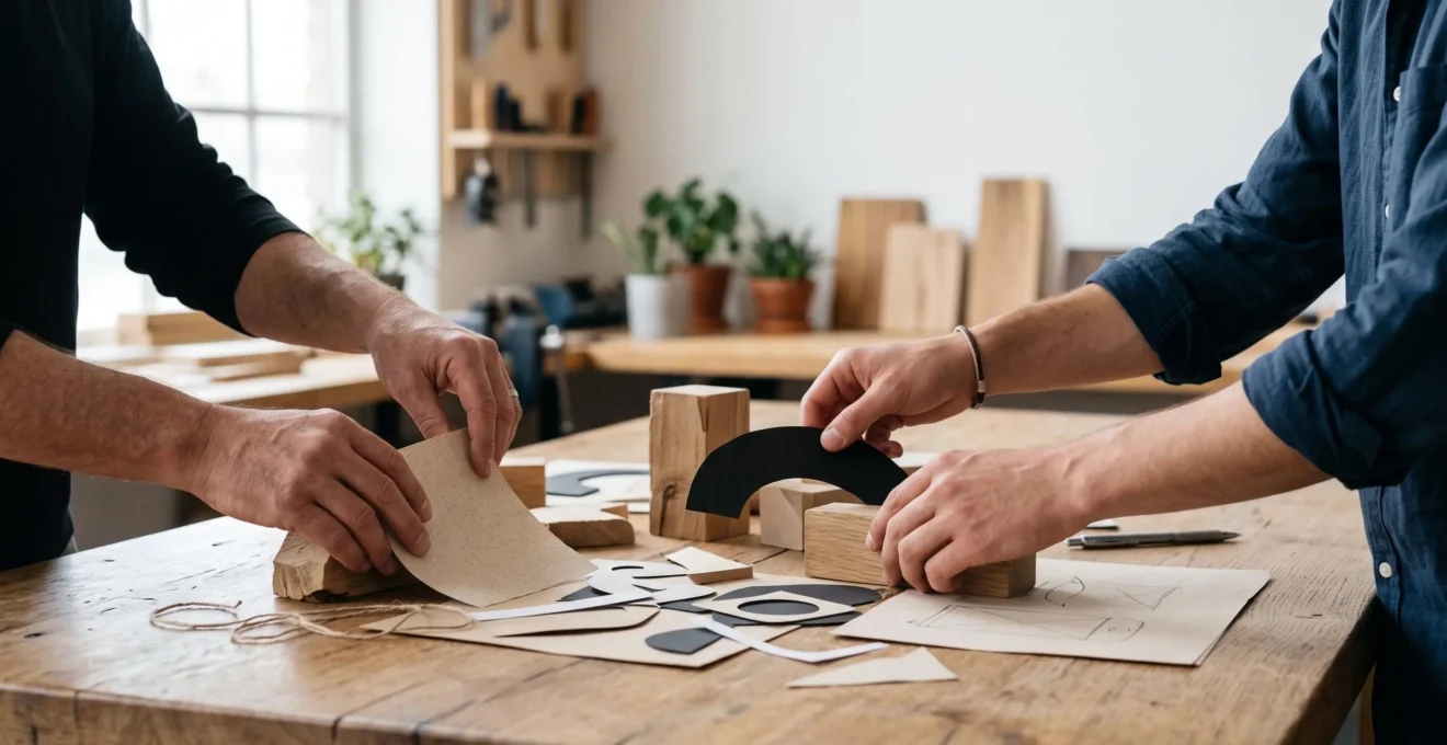 Entrepreneur et client collaborant ensemble autour d'une esquisse de produit, symbolisant la co-création d'une offre