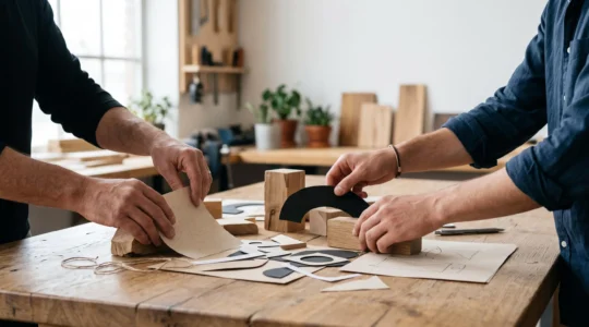 Entrepreneur et client collaborant ensemble autour d'une esquisse de produit, symbolisant la co-création d'une offre