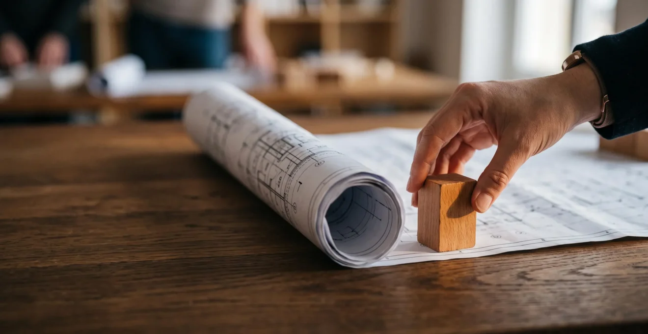 Une main pose la première pierre d'une structure concrète a partir d'un plan architectural, symbolisant le passage de la strategie a l'action.