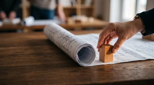 Une main pose la première pierre d'une structure concrète a partir d'un plan architectural, symbolisant le passage de la strategie a l'action.