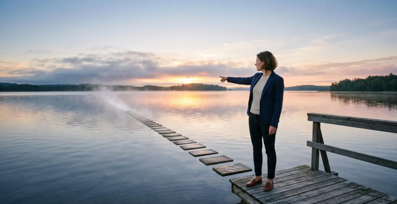 Silhouette d'un dirigeant au lever du jour, sur une jetée en bois, regardant un chemin qui se transforme en trajectoire structurée vers l'horizon, symbolisant le passage de la vision stratégique à l'exécution concrète.