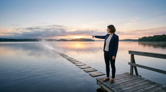 Silhouette d'un dirigeant au lever du jour, sur une jetée en bois, regardant un chemin qui se transforme en trajectoire structurée vers l'horizon, symbolisant le passage de la vision stratégique à l'exécution concrète.