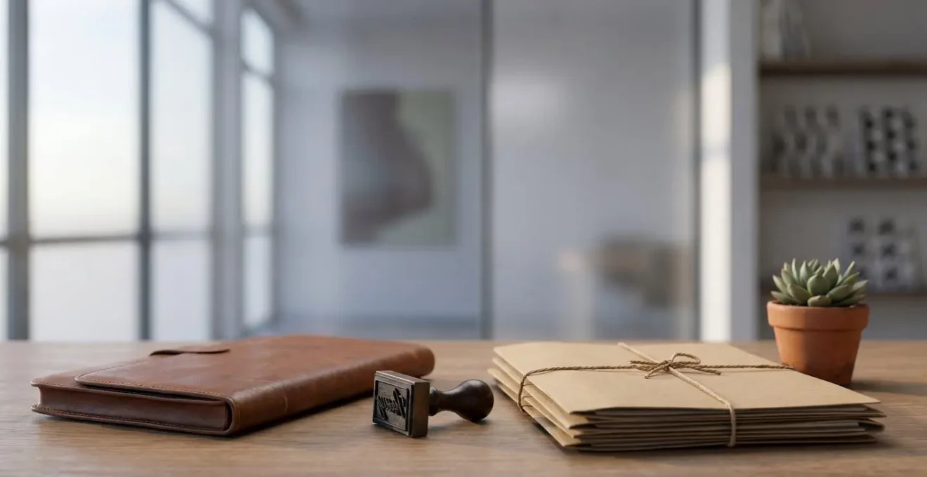 Bureau professionnel symbolisant les démarches administratives et juridiques de création d'entreprise, avec des objets évoquant la conformité et la structuration légale