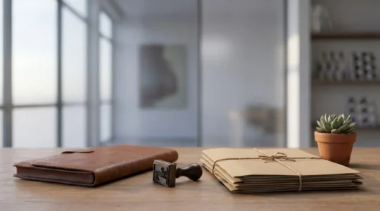 Bureau professionnel symbolisant les démarches administratives et juridiques de création d'entreprise, avec des objets évoquant la conformité et la structuration légale