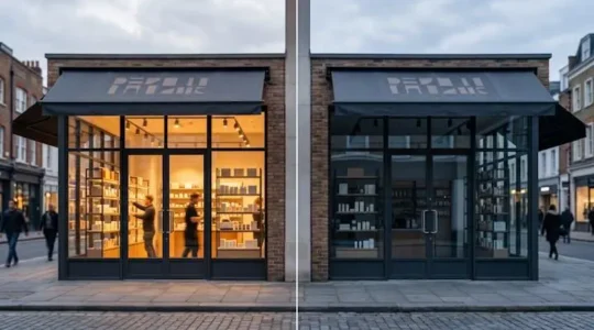 Deux devantures de commerces franchisés identiques mais avec des niveaux d'activité et d'énergie visiblement différents, illustrant l'écart de performance au sein d'un même réseau
