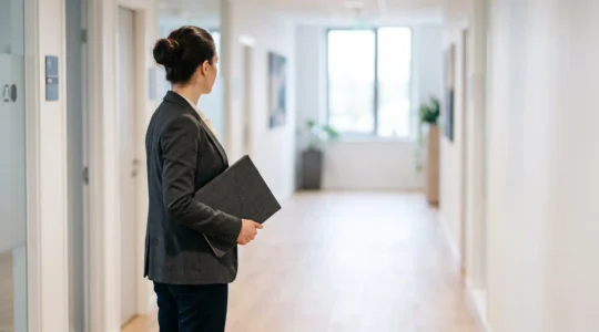 Entrepreneur tenant une pochette de documents fermée face à la lumière du matin, symbolisant l'attente de la validation d'un dossier d'immatriculation