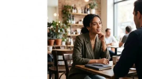 Entrepreneur en pleine conversation authentique avec un client potentiel lors d'une étude de marché terrain