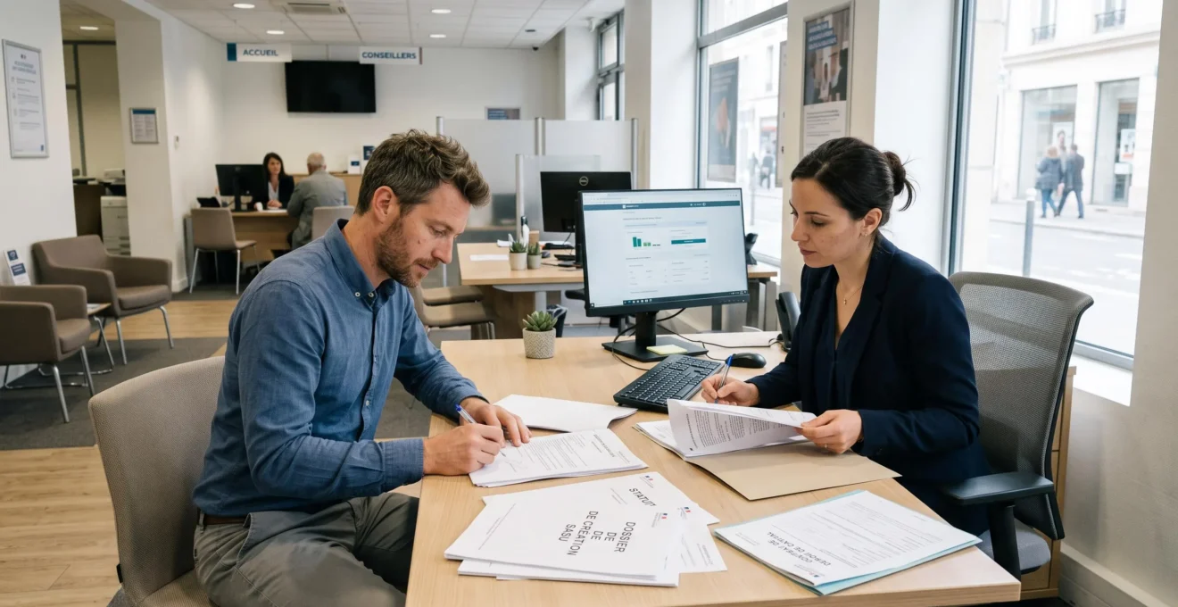 Entrepreneur signant les documents de dépôt de capital pour sa SASU auprès d'une banque