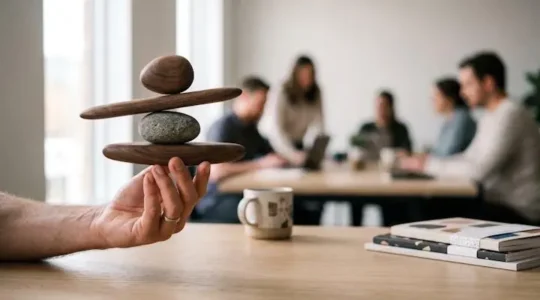 Un manager tenant en équilibre une balance symbolique entre contrôle et autonomie au sein d'une équipe