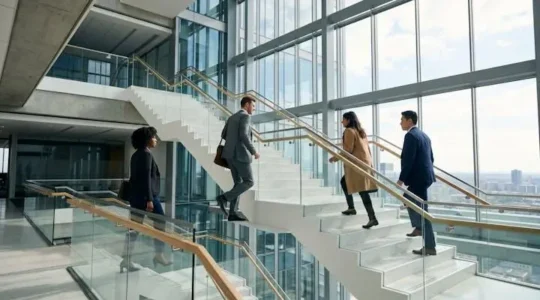 Une équipe commerciale gravit ensemble un escalier lumineux symbolisant la progression vers un objectif atteignable et mobilisateur