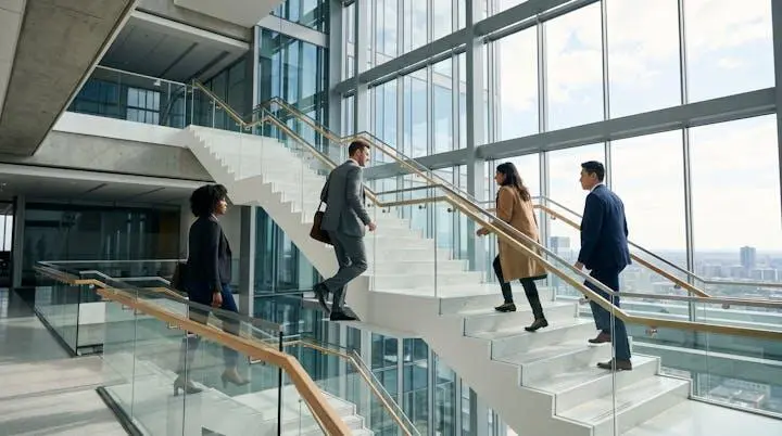 Une équipe commerciale gravit ensemble un escalier lumineux symbolisant la progression vers un objectif atteignable et mobilisateur