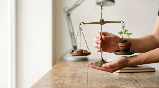 Entrepreneur tenant en équilibre une balance symbolique entre pièces de monnaie et une jeune pousse verte, illustrant le dilemme entre financement et éthique