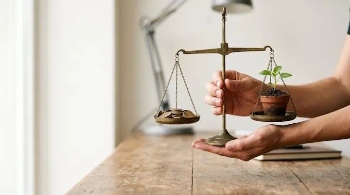 Entrepreneur tenant en équilibre une balance symbolique entre pièces de monnaie et une jeune pousse verte, illustrant le dilemme entre financement et éthique
