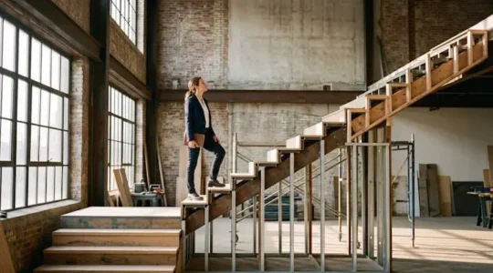 Escalier architectural en construction symbolisant les paliers de croissance d'une entreprise, avec des poutres et échafaudages représentant la structuration organisationnelle