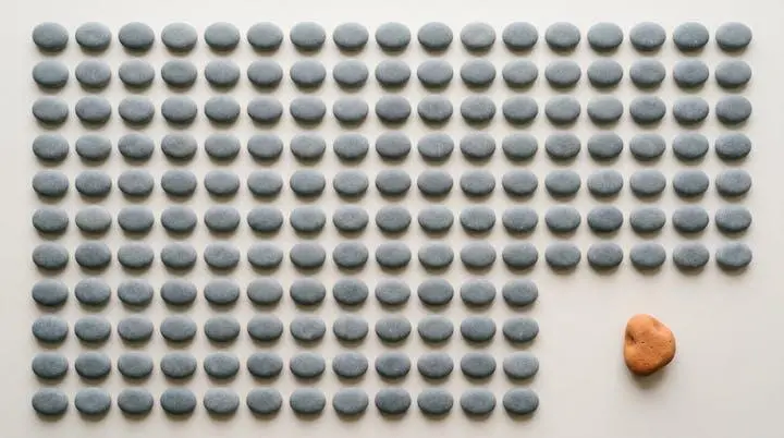 Photographie symbolique d'un objet singulier qui se distingue nettement au sein d'un ensemble d'objets identiques, illustrant une innovation qui démarque réellement une offre