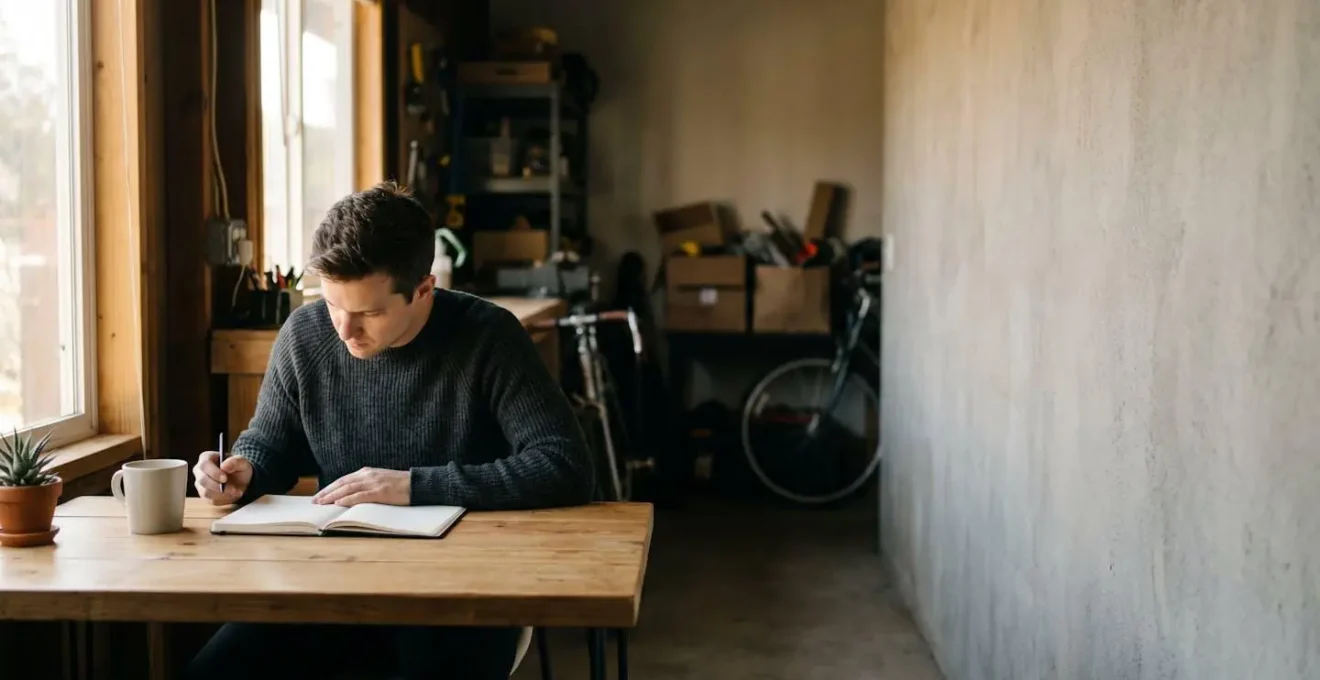 Entrepreneur concentre sur une tache unique dans un espace de travail minimaliste symbolisant la focalisation malgre des ressources limitees
