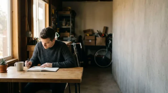 Entrepreneur concentre sur une tache unique dans un espace de travail minimaliste symbolisant la focalisation malgre des ressources limitees