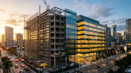 Bâtiment de bureaux moderne en construction évolutive symbolisant les phases de croissance et de transformation d'une entreprise