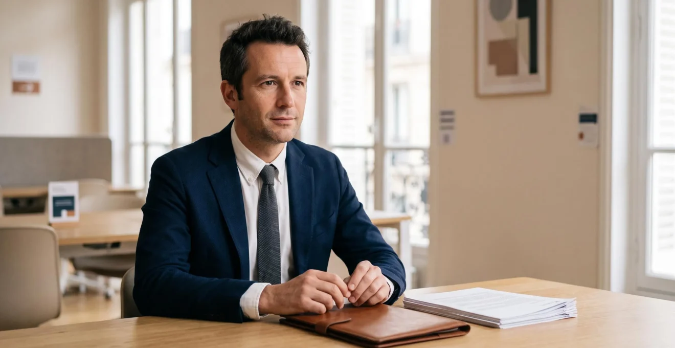 Entrepreneur français consultant ses documents officiels d'entreprise dans un bureau lumineux, symbolisant la conformité légale après l'immatriculation au RCS