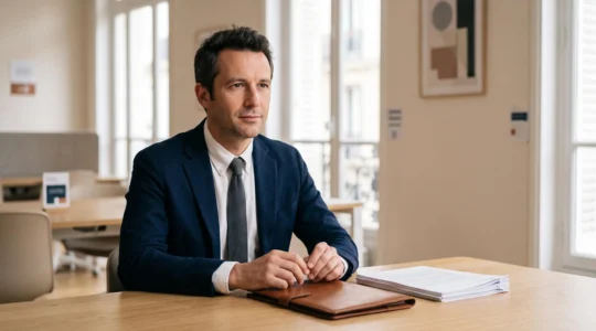 Entrepreneur français consultant ses documents officiels d'entreprise dans un bureau lumineux, symbolisant la conformité légale après l'immatriculation au RCS