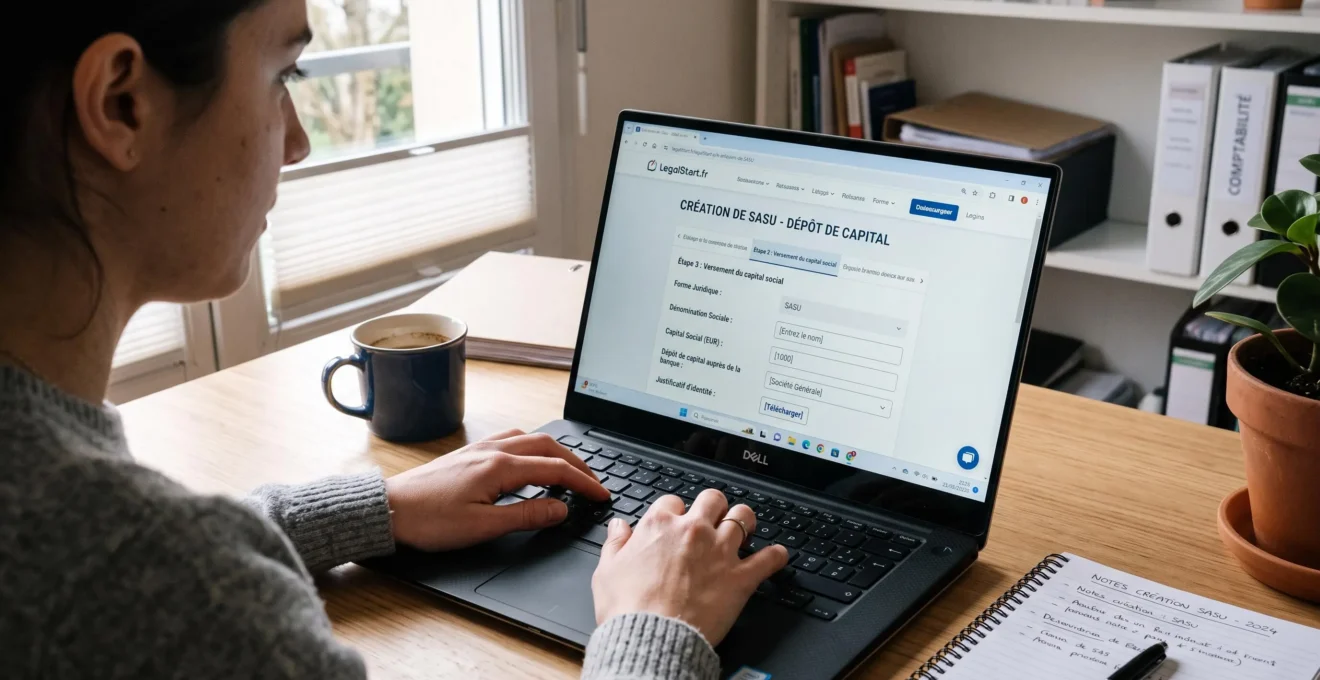 Écran d'ordinateur affichant une plateforme de création de SASU avec formulaire de dépôt de capital