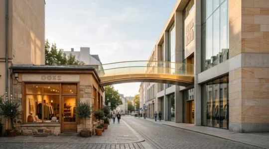 Petite entreprise reliée symboliquement à une grande enseigne par un pont de lumière, illustrant le transfert de notoriété