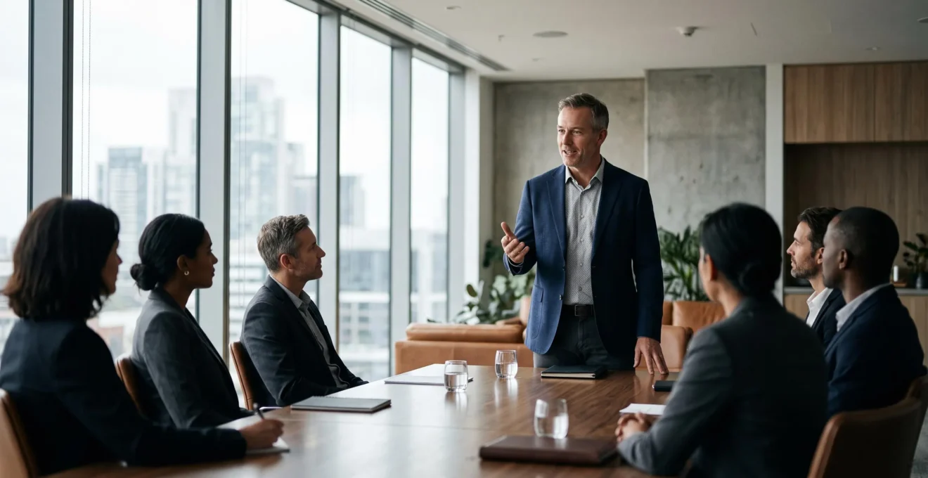 Entrepreneur presentant son projet avec conviction devant un comite d'investisseurs dans une salle de reunion moderne