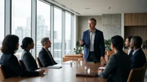 Entrepreneur presentant son projet avec conviction devant un comite d'investisseurs dans une salle de reunion moderne