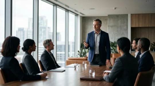 Entrepreneur presentant son projet avec conviction devant un comite d'investisseurs dans une salle de reunion moderne