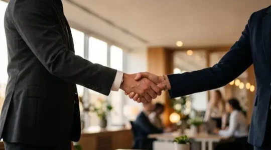 Deux entrepreneurs se serrant la main avant de sceller une association d'affaires, symbole de confiance et d'engagement mutuel