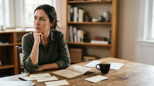 Entrepreneur testant la viabilite de son projet a l'aide d'esquisses et de notes manuscrites sur un bureau minimaliste
