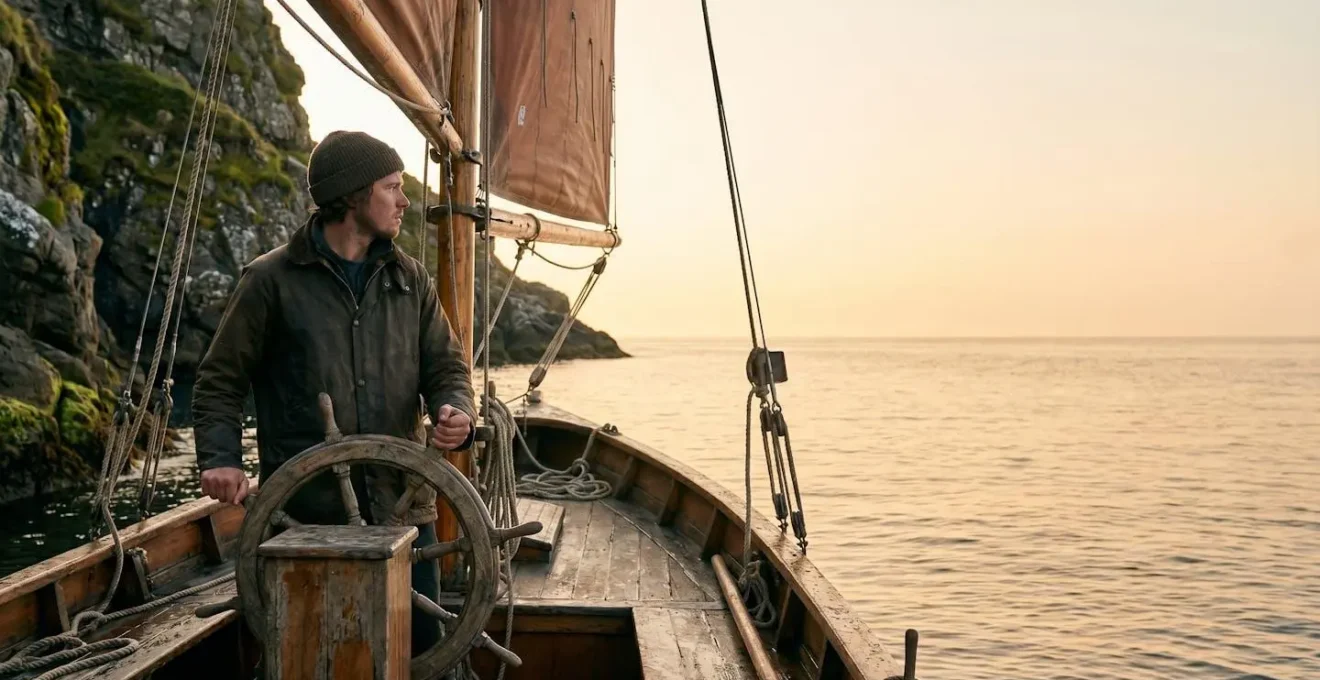 Entrepreneur au gouvernail d'un bateau quittant un passage etroit pour rejoindre une mer calme, symbole de la transformation d'une entreprise en survie vers une croissance maitrisee